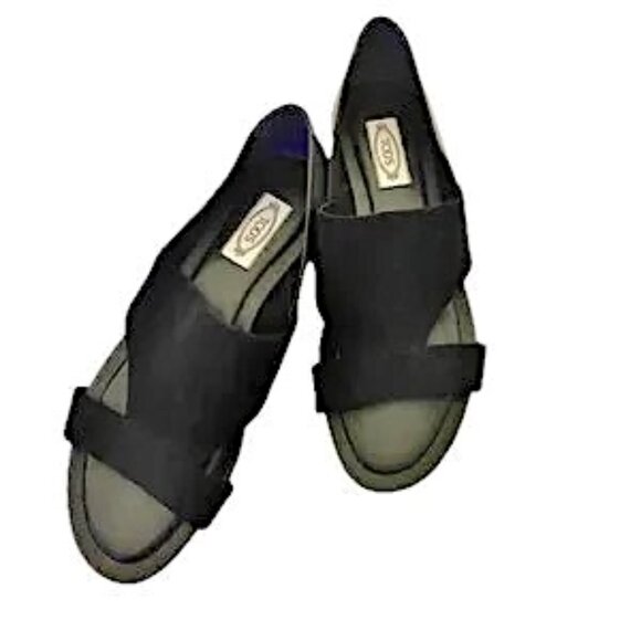 TODs Open Toe Flat Black Suede & Leather Shoe Sandal 1" Heel Size 38-1/2… - Picture 2 of 11